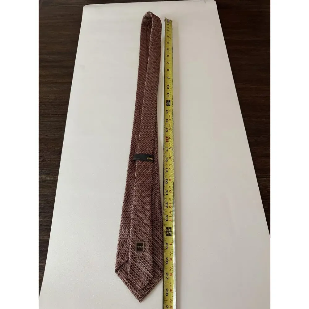 Fendi Tie Mens Pink Brown Herringbone Silk Logo Jacquard Made Italy Designer